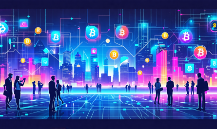 Create an image depicting a futuristic city with holographic charts and graphs showing cryptocurrency trends, people using digital wallets and conducting transactions on smart devices, advanced blockchain technology integrated into the infrastructure, and vibrant, glowing advertisements for various cryptocurrencies floating in the air. The overall ambiance should be sleek, high-tech, and dynamic, reflecting the evolving landscape of cryptocurrency.