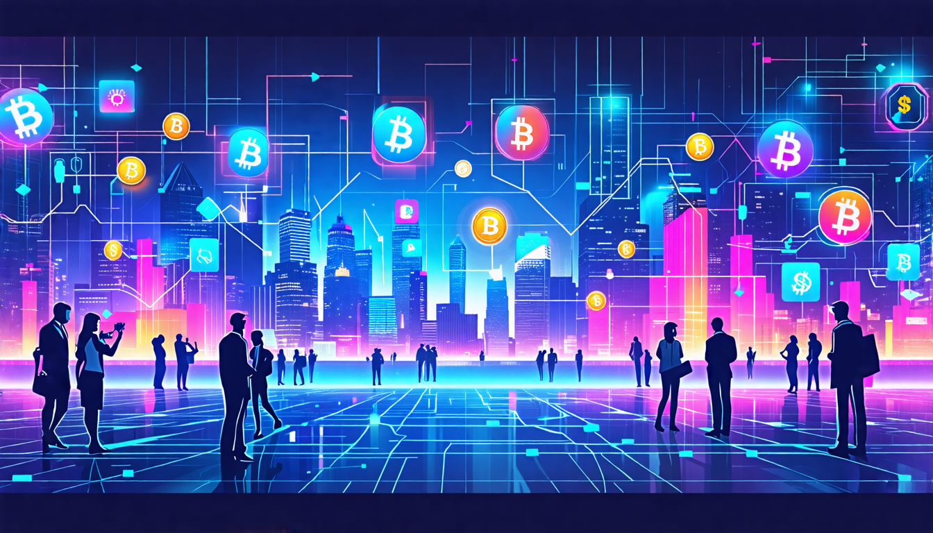 Create an image depicting a futuristic city with holographic charts and graphs showing cryptocurrency trends, people using digital wallets and conducting transactions on smart devices, advanced blockchain technology integrated into the infrastructure, and vibrant, glowing advertisements for various cryptocurrencies floating in the air. The overall ambiance should be sleek, high-tech, and dynamic, reflecting the evolving landscape of cryptocurrency.