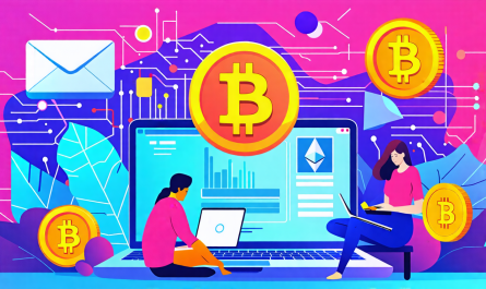 Create a vibrant and inviting illustration that visually explains the basics of cryptocurrency. Include common elements like Bitcoin, Ethereum symbols, a digital wallet, and blockchain imagery. Show a diverse group of beginners exploring and learning about these technologies on laptops and smartphones, with a backdrop of circuit patterns and flowing digital data. Use bright, engaging colors to make the scene feel educational and approachable.