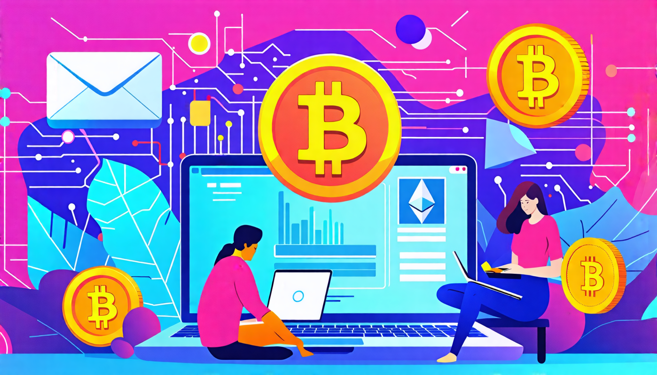 Create a vibrant and inviting illustration that visually explains the basics of cryptocurrency. Include common elements like Bitcoin, Ethereum symbols, a digital wallet, and blockchain imagery. Show a diverse group of beginners exploring and learning about these technologies on laptops and smartphones, with a backdrop of circuit patterns and flowing digital data. Use bright, engaging colors to make the scene feel educational and approachable.