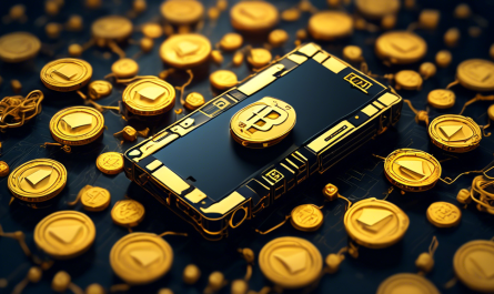 Create an image of a secure, sleek hardware wallet with a digital cryptocurrency logo on its screen, surrounded by golden coins and blockchain symbols, set against a futuristic, high-tech backdrop. Include padlocks and security icons subtly integrated into the background to emphasize safety and security.