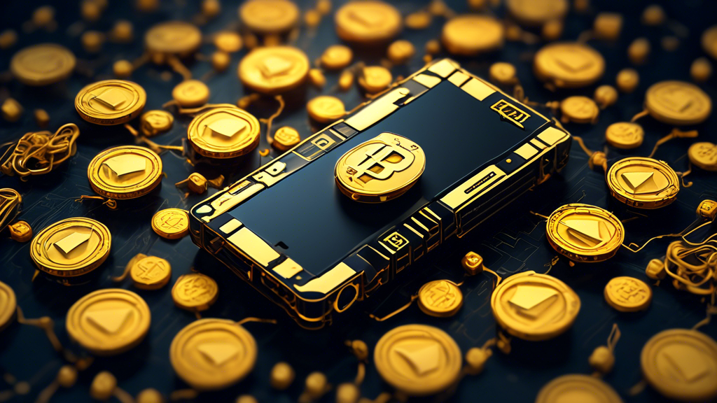 Create an image of a secure, sleek hardware wallet with a digital cryptocurrency logo on its screen, surrounded by golden coins and blockchain symbols, set against a futuristic, high-tech backdrop. Include padlocks and security icons subtly integrated into the background to emphasize safety and security.