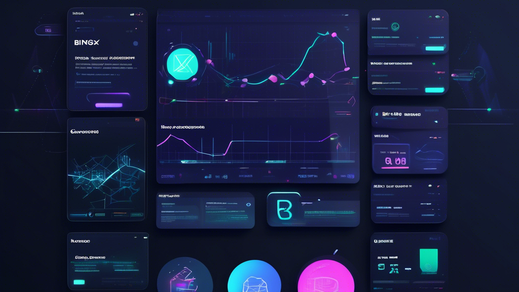 Create an illustration of a futuristic digital trading platform with a sleek, modern interface. The platform should have charts, graphs, and a variety of cryptocurrencies being exchanged. Include hints of educational text or guide-like elements, possibly with an avatar or character providing a tutorial. Highlight the name BingX Exchange prominently on the screen. The setting should feel high-tech, secure, and user-friendly, appealing to both novice and experienced traders.