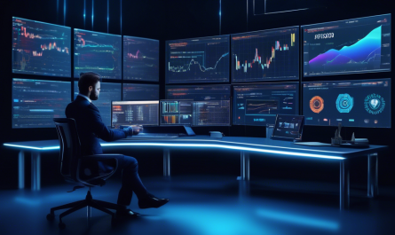 Create an image of a sleek, modern financial trading platform interface labeled 'PrimeXBT' with charts, graphs, and various trading tools displayed on several screens. Include icons representing cryptocurrencies and traditional assets like stocks, forex, and commodities. Show a professional trader in the foreground, confidently analyzing data. The background should feature a futuristic, tech-savvy workspace with elements that suggest high security and cutting-edge technology.