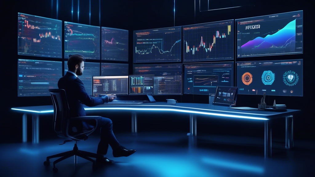 Create an image of a sleek, modern financial trading platform interface labeled 'PrimeXBT' with charts, graphs, and various trading tools displayed on several screens. Include icons representing cryptocurrencies and traditional assets like stocks, forex, and commodities. Show a professional trader in the foreground, confidently analyzing data. The background should feature a futuristic, tech-savvy workspace with elements that suggest high security and cutting-edge technology.