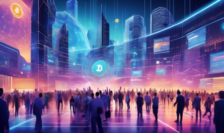 Create a high-tech futuristic illustration of a bustling digital financial hub representing the cryptocurrency exchange landscape. Central to the scene is a sleek, prominently lit building labeled 'Hotbit', surrounded by holographic charts, diverse cryptocurrency logos, and traders interacting with digital interfaces. The atmosphere is one of dynamic energy and cutting-edge technology, capturing the essence of navigating the complex world of cryptocurrency exchanges.