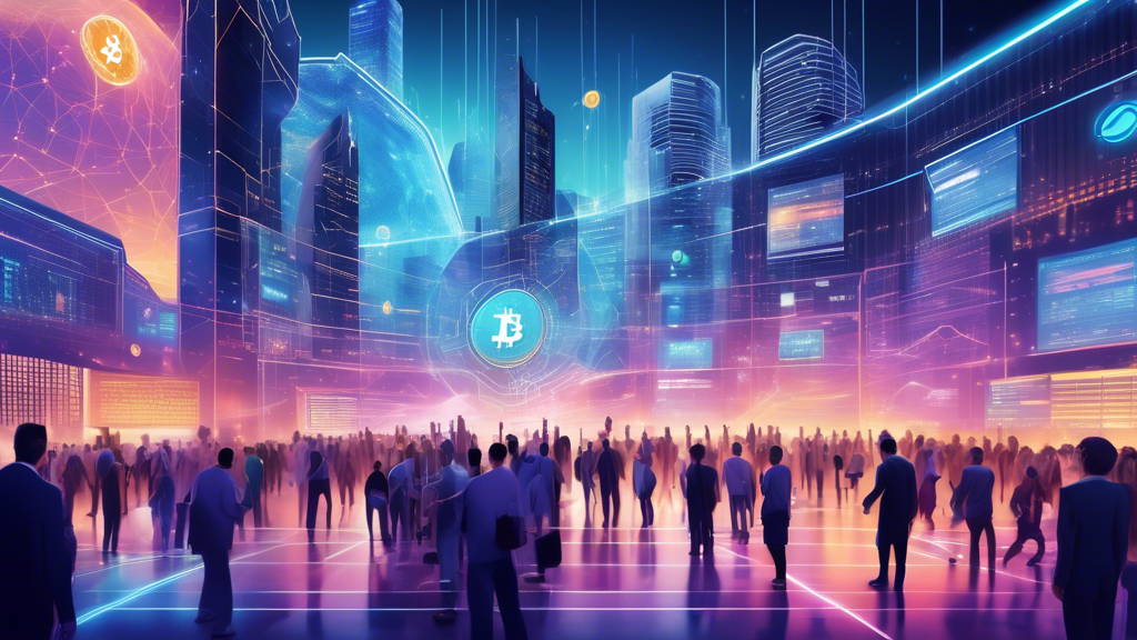 Create a high-tech futuristic illustration of a bustling digital financial hub representing the cryptocurrency exchange landscape. Central to the scene is a sleek, prominently lit building labeled 'Hotbit', surrounded by holographic charts, diverse cryptocurrency logos, and traders interacting with digital interfaces. The atmosphere is one of dynamic energy and cutting-edge technology, capturing the essence of navigating the complex world of cryptocurrency exchanges.