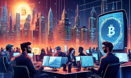 Create a detailed digital illustration of investors using a futuristic, high-tech platform on their computers and mobile devices. In the background, depict a dynamic cityscape with cryptocurrency symbols like Bitcoin, Ethereum, and Litecoin integrated into the architecture, signifying the digital revolution. The platform interface should show charts, graphs, and secure transaction features, emphasizing innovation and trust in cryptocurrency investments.