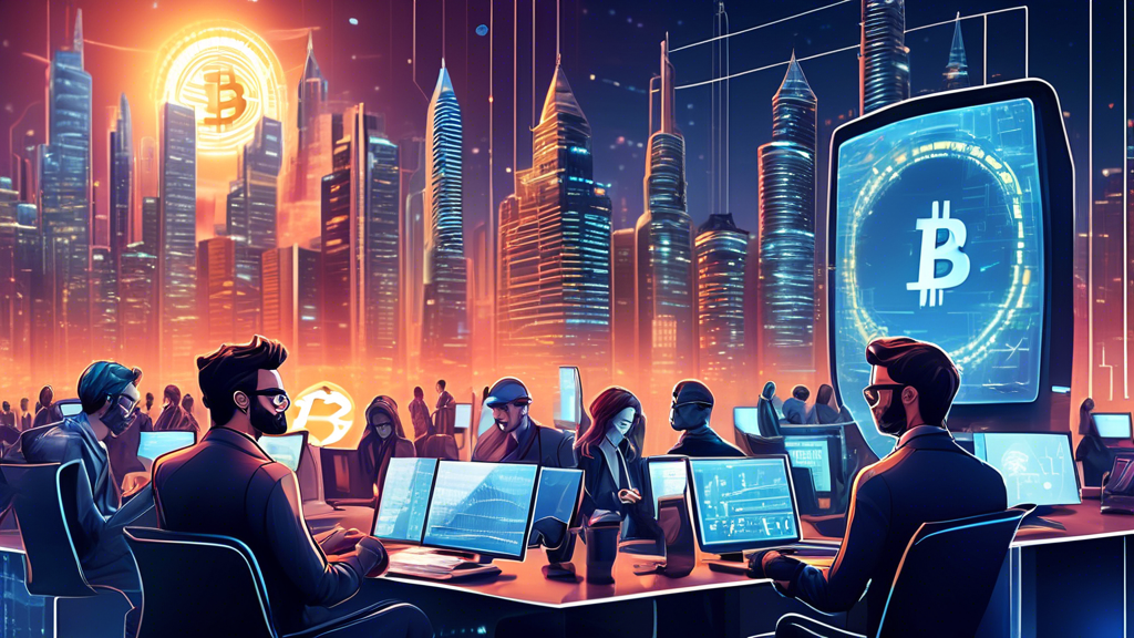 Create a detailed digital illustration of investors using a futuristic, high-tech platform on their computers and mobile devices. In the background, depict a dynamic cityscape with cryptocurrency symbols like Bitcoin, Ethereum, and Litecoin integrated into the architecture, signifying the digital revolution. The platform interface should show charts, graphs, and secure transaction features, emphasizing innovation and trust in cryptocurrency investments.