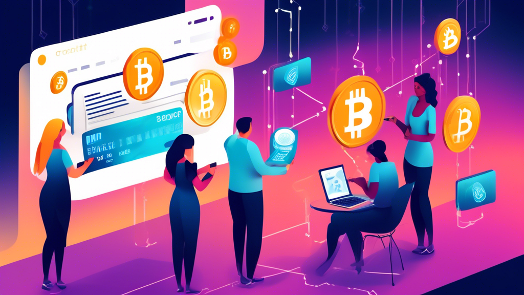 Create a digital illustration showing the process of buying cryptocurrency with a credit card. The image should feature a diverse group of beginners at their computers or smartphones, highlighting a credit card, a cryptocurrency symbol like Bitcoin, and a secure digital wallet on the screen. The background can include an abstract representation of blockchain and network connections to emphasize the digital nature of the transaction. Use bright, inviting colors to make the guide appear accessible and user-friendly.