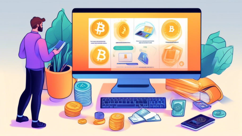 Create an informative and visually engaging illustration that represents a beginner's guide to safely buying cryptocurrency. The scene should include a person studying a guidebook titled 'How to Safely Buy Crypto' on their desk, which is surrounded by key elements like a secure wallet, a computer screen displaying a reputable exchange, and various crypto coins such as Bitcoin and Ethereum. The setting should be friendly and educational, with light colors and infographic-style elements highlighting security tips and best practices for purchasing crypto.