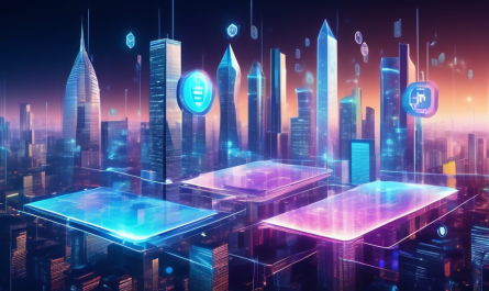 Create an image of a futuristic cityscape where physical currency has been replaced by digital transactions. Highlight holographic screens displaying various digital currencies, with people using smart devices, wearables, and even neural interfaces to make transactions. Include elements of blockchain technology, like interconnected nodes or chains of data blocks, integrated into the architecture of buildings. The overall atmosphere should be vibrant and bustling, symbolizing progress and innovation.