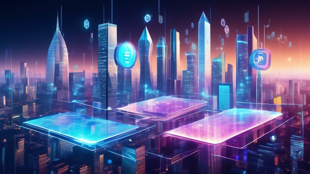 Create an image of a futuristic cityscape where physical currency has been replaced by digital transactions. Highlight holographic screens displaying various digital currencies, with people using smart devices, wearables, and even neural interfaces to make transactions. Include elements of blockchain technology, like interconnected nodes or chains of data blocks, integrated into the architecture of buildings. The overall atmosphere should be vibrant and bustling, symbolizing progress and innovation.