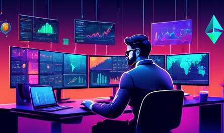 Create a digital art illustration that showcases a person sitting at a desk with multiple computer screens displaying charts and graphs related to cryptocurrency trading. The scene should include elements like Bitcoin and Ethereum logos, candlestick charts, and icons representing buying and selling. The person should look focused and absorbed in their work, with a modern, sleek, ergonomic setup in a vibrant yet professional atmosphere. Above the desk, a bookshelf should display titles such as Crypto Trading 101 and Mastering the Basics of Crypto Trading. The overall aesthetic should merge tech-savvy elements with a sense of learning and mastery.