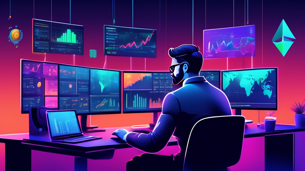 Create a digital art illustration that showcases a person sitting at a desk with multiple computer screens displaying charts and graphs related to cryptocurrency trading. The scene should include elements like Bitcoin and Ethereum logos, candlestick charts, and icons representing buying and selling. The person should look focused and absorbed in their work, with a modern, sleek, ergonomic setup in a vibrant yet professional atmosphere. Above the desk, a bookshelf should display titles such as Crypto Trading 101 and Mastering the Basics of Crypto Trading. The overall aesthetic should merge tech-savvy elements with a sense of learning and mastery.