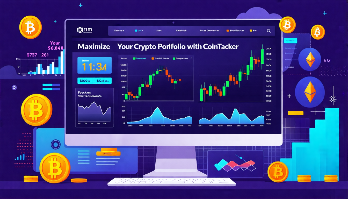 Create an image of a diverse cryptocurrency portfolio dashboard displayed on a sleek, modern computer screen. The interface should show various charts, graphs, and statistics, highlighting a rise in portfolio value. Include popular cryptocurrencies like Bitcoin, Ethereum, and others, with a tagline or header that reads 'Maximize Your Crypto Portfolio with CoinTracker'. The background should exude a high-tech, streamlined feel, suggesting precision and sophistication.