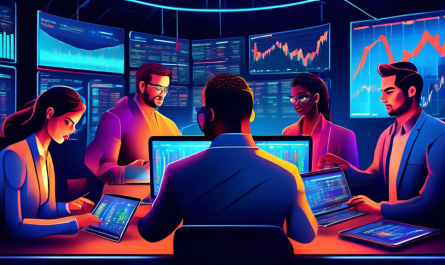 Create a vibrant and dynamic digital illustration of a diverse group of traders using Gemini Active Trader on their laptops and smartphones. The scene should include charts, graphs, and relevant financial data on multiple screens. The background should be a modern, high-tech trading room filled with bright LED screens and futuristic décor. The mood should be energetic and focused, highlighting the concept of maximizing profits through advanced trading strategies.