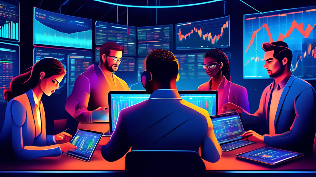 Create a vibrant and dynamic digital illustration of a diverse group of traders using Gemini Active Trader on their laptops and smartphones. The scene should include charts, graphs, and relevant financial data on multiple screens. The background should be a modern, high-tech trading room filled with bright LED screens and futuristic décor. The mood should be energetic and focused, highlighting the concept of maximizing profits through advanced trading strategies.