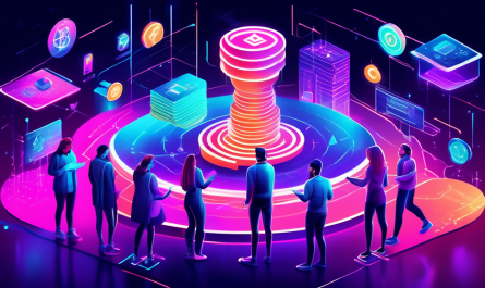 Create an illustration showcasing a futuristic digital landscape with a diverse group of people using various high-tech devices to navigate through vibrant holographic charts, symbols, and graphs representing different cryptocurrencies. The scene should depict a sense of discovery and learning, with detailed, neon-lit crypto exchange icons and a dynamic, user-friendly interface. Include elements like virtual coins, blockchain networks, and educational tools to emphasize the beginner's guide aspect.