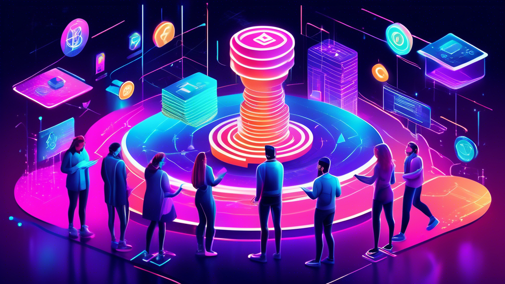 Create an illustration showcasing a futuristic digital landscape with a diverse group of people using various high-tech devices to navigate through vibrant holographic charts, symbols, and graphs representing different cryptocurrencies. The scene should depict a sense of discovery and learning, with detailed, neon-lit crypto exchange icons and a dynamic, user-friendly interface. Include elements like virtual coins, blockchain networks, and educational tools to emphasize the beginner's guide aspect.