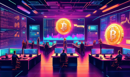 A futuristic digital trading floor filled with holographic cryptocurrency charts, diverse traders analyzing data on advanced displays, a dynamic blend of technology and finance, with a background showing iconic cryptocurrency symbols like Bitcoin, Ethereum, and others. The atmosphere is vibrant and energetic, emphasizing innovation and strategic planning in cryptocurrency trading.