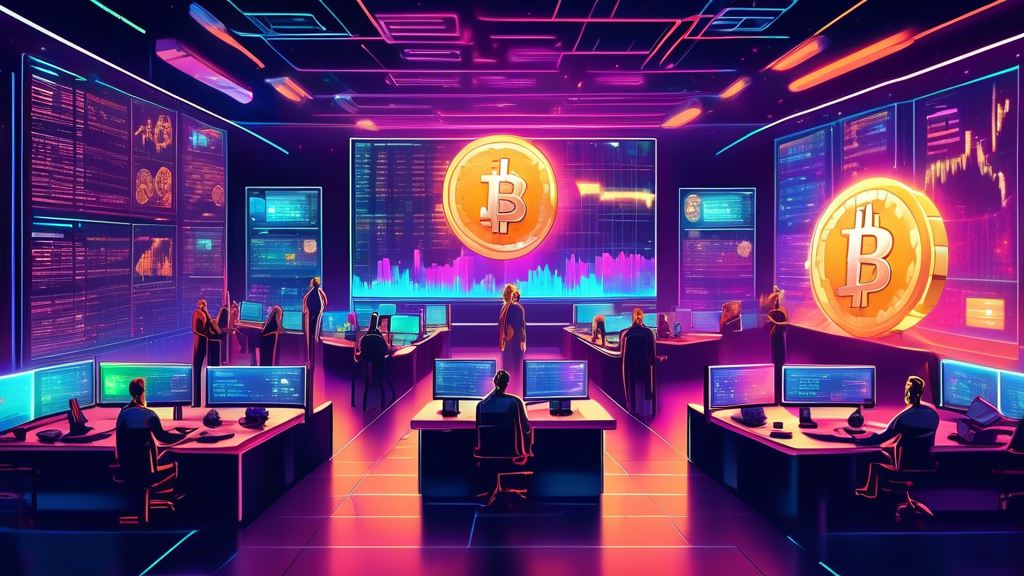 A futuristic digital trading floor filled with holographic cryptocurrency charts, diverse traders analyzing data on advanced displays, a dynamic blend of technology and finance, with a background showing iconic cryptocurrency symbols like Bitcoin, Ethereum, and others. The atmosphere is vibrant and energetic, emphasizing innovation and strategic planning in cryptocurrency trading.