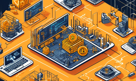 Create an illustration that explains the basics of crypto mining. The image should depict a mine with digital elements, showing miners using computers instead of traditional tools. Include graphics like blockchain nodes, cryptocurrency symbols (like Bitcoin, Ethereum), and a flow showing data being processed and verified. Make it educational with clear labels pointing out key components and processes involved in crypto mining.