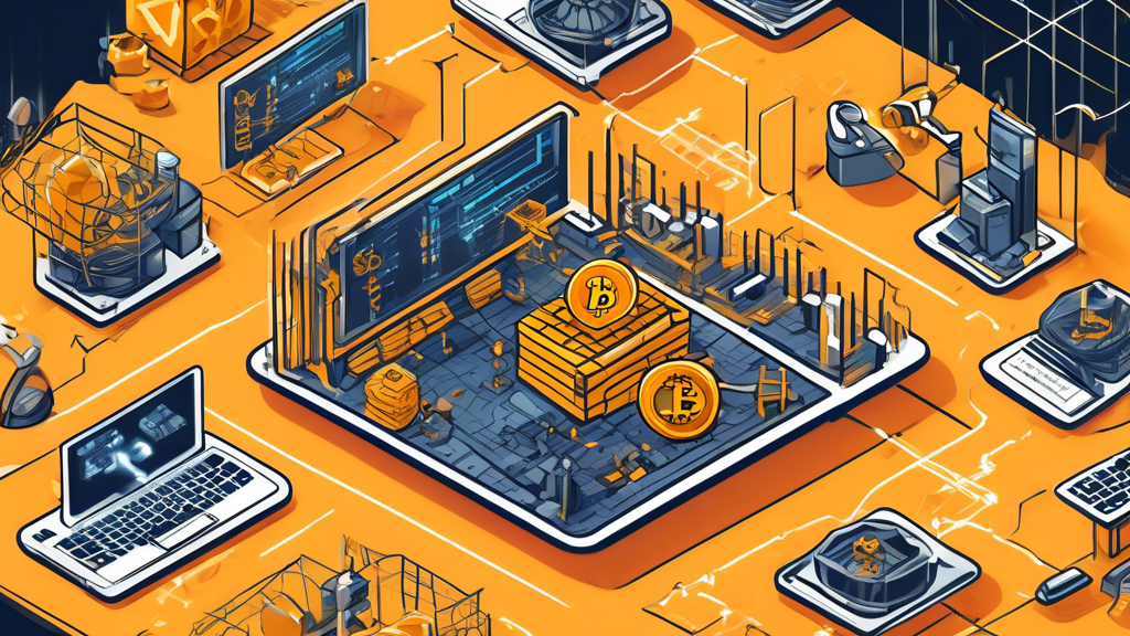 Create an illustration that explains the basics of crypto mining. The image should depict a mine with digital elements, showing miners using computers instead of traditional tools. Include graphics like blockchain nodes, cryptocurrency symbols (like Bitcoin, Ethereum), and a flow showing data being processed and verified. Make it educational with clear labels pointing out key components and processes involved in crypto mining.