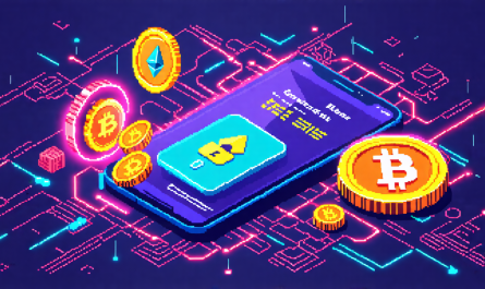 Create an image illustrating the concept of a crypto wallet: a digital wallet icon on a smartphone screen, with colorful bitcoin and Ethereum coins floating around it. Include secure elements like a padlock and a key to signify security. The background should be a blend of blockchain diagrams and futuristic digital patterns.