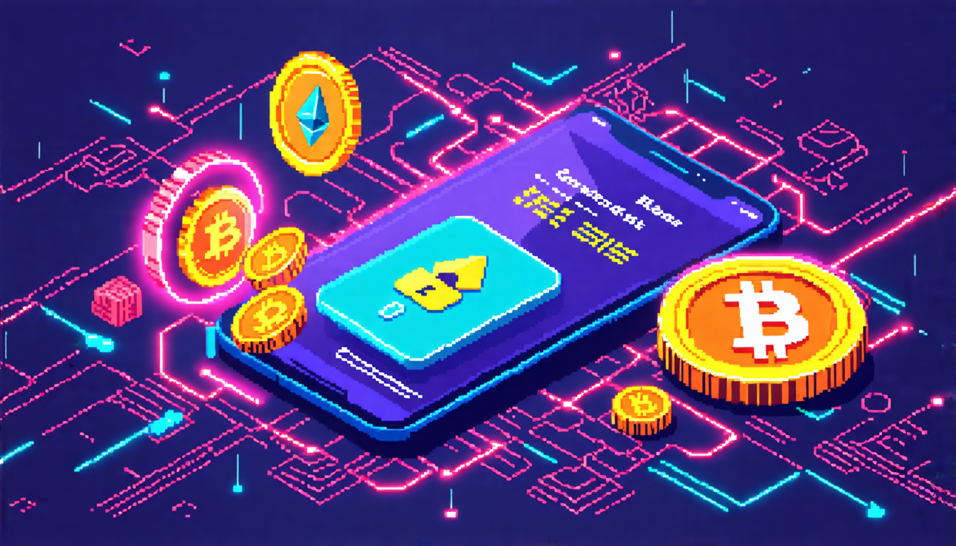 Create an image illustrating the concept of a crypto wallet: a digital wallet icon on a smartphone screen, with colorful bitcoin and Ethereum coins floating around it. Include secure elements like a padlock and a key to signify security. The background should be a blend of blockchain diagrams and futuristic digital patterns.