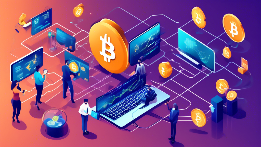 Create an image that visually represents the concept of Cryptocurrency Exchange Essentials. The scene should feature a modern, high-tech digital marketplace with glowing cryptocurrency symbols like Bitcoin, Ethereum, and Ripple floating around. Show diverse people engaging with tablets and smartphones, analyzing charts and graphs on large virtual screens. Include elements such as blockchain chains connecting various currencies, security shields symbolizing encryption, and a central hub representing the exchange platform. The atmosphere should be dynamic and futuristic, emphasizing technology and financial innovation.