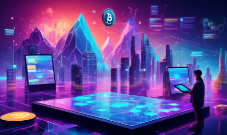 Create an image depicting a futuristic digital landscape with multiple floating platforms, each representing a different cryptocurrency exchange. The platforms are adorned with vibrant holographic logos and numbers, symbolizing various crypto exchanges like Binance, Coinbase, and Kraken. In the foreground, a figure is thoughtfully analyzing these platforms, holding a digital tablet displaying detailed graphs and statistics. The background should feature a shimmering flow of binary code and digital elements to emphasize the concept of the digital currency world. The overall mood should convey a sense of decision-making and technological advancement.