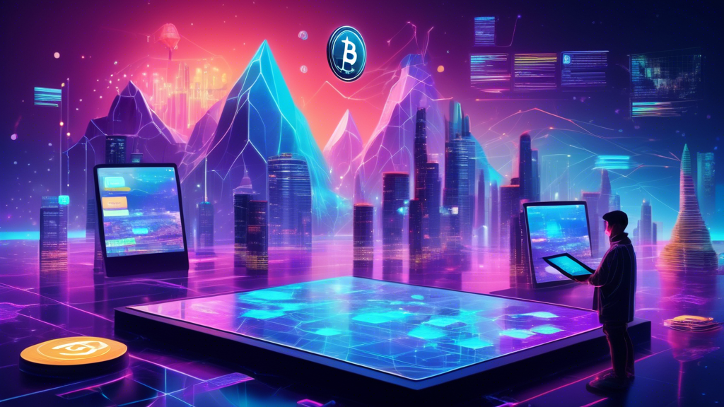 Create an image depicting a futuristic digital landscape with multiple floating platforms, each representing a different cryptocurrency exchange. The platforms are adorned with vibrant holographic logos and numbers, symbolizing various crypto exchanges like Binance, Coinbase, and Kraken. In the foreground, a figure is thoughtfully analyzing these platforms, holding a digital tablet displaying detailed graphs and statistics. The background should feature a shimmering flow of binary code and digital elements to emphasize the concept of the digital currency world. The overall mood should convey a sense of decision-making and technological advancement.