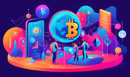 Create an illustration of a person stepping into a vibrant and futuristic digital world filled with floating cryptocurrencies like Bitcoin, Ethereum, and Cardano, each represented by their iconic logos. The scene should convey a sense of exploration and discovery, with the person holding a magnifying glass and a map titled Cryptocurrency Basics. Include elements like a friendly robot guide and other symbolic icons such as blockchain chains and secure locks to represent security. The background should depict a seamless blend of technology and finance, with circuit patterns and financial graphs subtly integrated into the design.