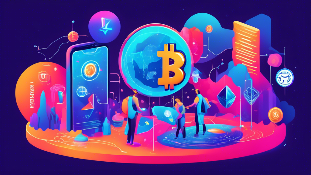 Create an illustration of a person stepping into a vibrant and futuristic digital world filled with floating cryptocurrencies like Bitcoin, Ethereum, and Cardano, each represented by their iconic logos. The scene should convey a sense of exploration and discovery, with the person holding a magnifying glass and a map titled Cryptocurrency Basics. Include elements like a friendly robot guide and other symbolic icons such as blockchain chains and secure locks to represent security. The background should depict a seamless blend of technology and finance, with circuit patterns and financial graphs subtly integrated into the design.