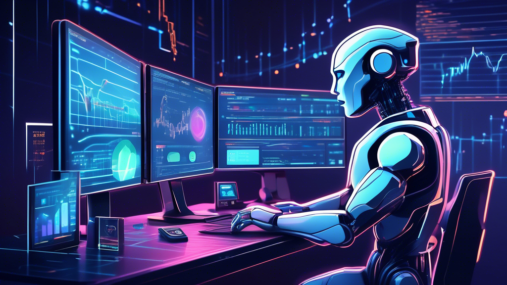 Create an imaginative and dynamic illustration depicting the concept of crypto trading automation through the platform Bitsgap. The image should feature a futuristic, high-tech trading interface with various digital currencies and charts in the background. In the foreground, depict an AI robot or digital assistant efficiently managing multiple screens with graphs and data analytics. The overall atmosphere should convey a sense of innovation and precision in the world of cryptocurrency trading. Include elements such as bitcoin symbols, blockchain motifs, and hints of digital networks to emphasize the connection to crypto technology and automation.