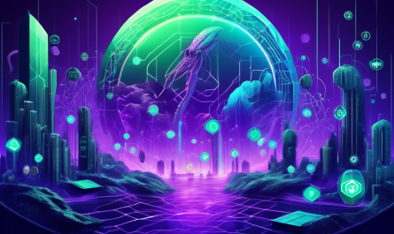 Create an image of a futuristic digital landscape that represents the world of cryptocurrency trading, with Kraken's signature logo prominently integrated into the scene. The image should include digital graphs, blockchain patterns, and virtual currency symbols floating in a high-tech environment, symbolizing the comprehensive nature of trading and investing. Use a color palette featuring Kraken's signature purple, along with blues and greens, to evoke a sense of innovation and modernity.