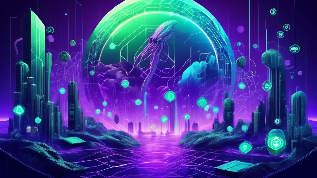 Create an image of a futuristic digital landscape that represents the world of cryptocurrency trading, with Kraken's signature logo prominently integrated into the scene. The image should include digital graphs, blockchain patterns, and virtual currency symbols floating in a high-tech environment, symbolizing the comprehensive nature of trading and investing. Use a color palette featuring Kraken's signature purple, along with blues and greens, to evoke a sense of innovation and modernity.