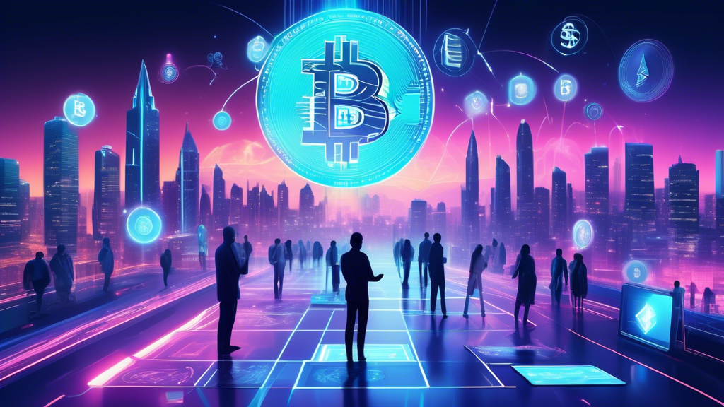 Create an image showcasing a futuristic digital landscape with people engaging in cryptocurrency lending and borrowing. The scene includes floating digital currency symbols like Bitcoin, Ethereum, and others around individuals using holographic screens to make transactions. Highlight a modern cityscape in the background to suggest technological advancement and financial innovation, with a large, glowing YouHodler logo integrated into the scene, symbolizing a secure and interactive platform for cryptocurrency finance.