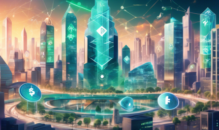 Create an illustration depicting the concept of Fidelity Crypto's future impact on the financial landscape, featuring a futuristic cityscape with digital currency symbols integrated into the architecture. The scene should include elements representing traditional finance coexisting with blockchain technology, such as skyscrapers blending with blockchain patterns, holographic displays showing crypto transactions, and diverse people interacting with digital devices in an innovative financial hub. The atmosphere should convey a sense of technological advancement and collaboration between cryptocurrency and traditional financial systems.