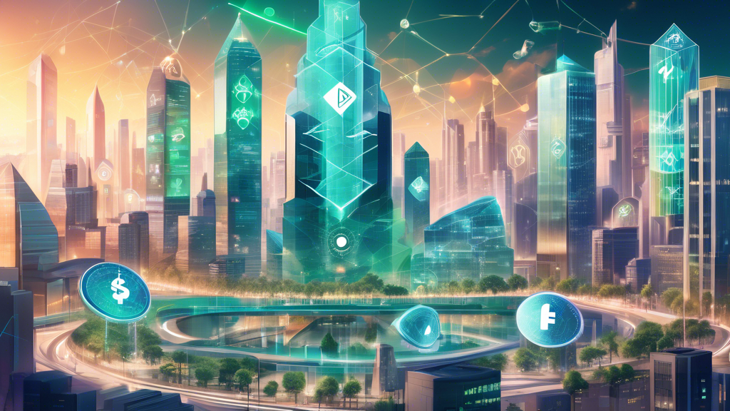 Create an illustration depicting the concept of Fidelity Crypto's future impact on the financial landscape, featuring a futuristic cityscape with digital currency symbols integrated into the architecture. The scene should include elements representing traditional finance coexisting with blockchain technology, such as skyscrapers blending with blockchain patterns, holographic displays showing crypto transactions, and diverse people interacting with digital devices in an innovative financial hub. The atmosphere should convey a sense of technological advancement and collaboration between cryptocurrency and traditional financial systems.