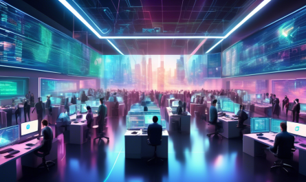 Create an imaginative and futuristic digital artwork depicting a bustling, high-tech trading floor for FTX cryptocurrency exchange. The scene should include holographic screens displaying fluctuating cryptocurrency prices, traders using augmented reality glasses to make quick decisions, and robots assisting with data analysis. The environment should feel vibrant and energetic, reflecting the cutting-edge technology and innovation in the world of digital currency trading. Include the FTX logo subtly integrated into the background signage to emphasize the brand.