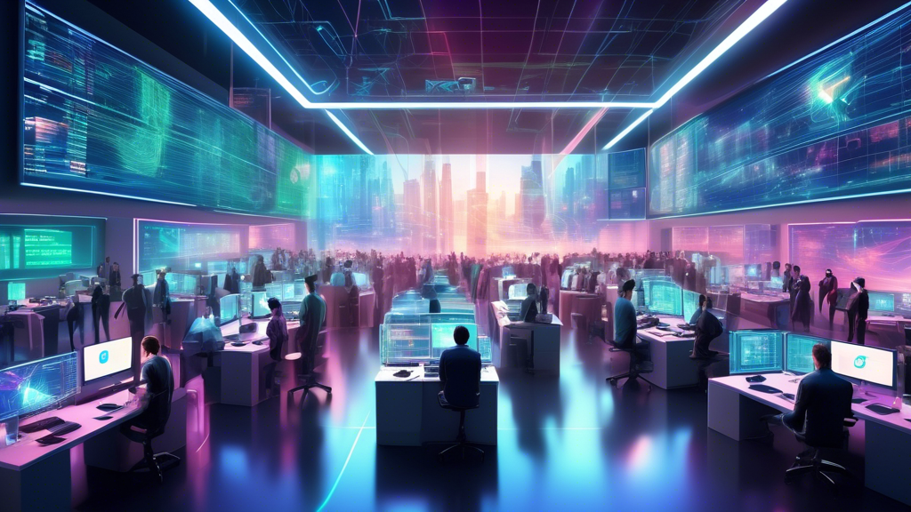 Create an imaginative and futuristic digital artwork depicting a bustling, high-tech trading floor for FTX cryptocurrency exchange. The scene should include holographic screens displaying fluctuating cryptocurrency prices, traders using augmented reality glasses to make quick decisions, and robots assisting with data analysis. The environment should feel vibrant and energetic, reflecting the cutting-edge technology and innovation in the world of digital currency trading. Include the FTX logo subtly integrated into the background signage to emphasize the brand.