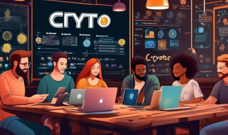 Create an image of a diverse group of people sitting at a cozy coffee shop, each with a laptop open in front of them. The screens show vibrant cryptocurrency platforms and digital wallets. On the table, digital icons of popular cryptocurrencies float above the debit cards. In the background, a chalkboard displays doodles of cryptocurrency symbols and the phrase Crypto 101. The atmosphere is educational and inviting, perfect for beginners eager to learn about buying crypto with debit cards.