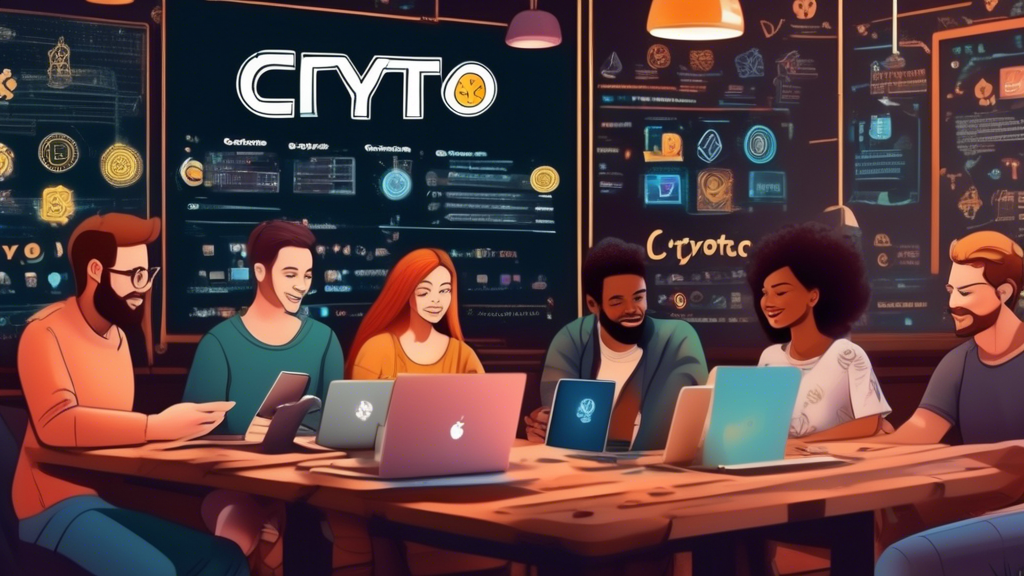 Create an image of a diverse group of people sitting at a cozy coffee shop, each with a laptop open in front of them. The screens show vibrant cryptocurrency platforms and digital wallets. On the table, digital icons of popular cryptocurrencies float above the debit cards. In the background, a chalkboard displays doodles of cryptocurrency symbols and the phrase Crypto 101. The atmosphere is educational and inviting, perfect for beginners eager to learn about buying crypto with debit cards.