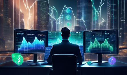 Create an image that visually represents the concept of maximizing crypto investments using StormGain. The scene should include futuristic cityscape elements with digital screens displaying cryptocurrency symbols like Bitcoin, Ethereum, and others. Include a sleek, modern office environment where professional traders are analyzing data charts on advanced holographic interfaces. Integrate the StormGain logo prominently in the background to emphasize the platform’s role in the investment process. The color scheme should be a blend of neon blues, greens, and bright accents to give a tech-focused and innovative feel.