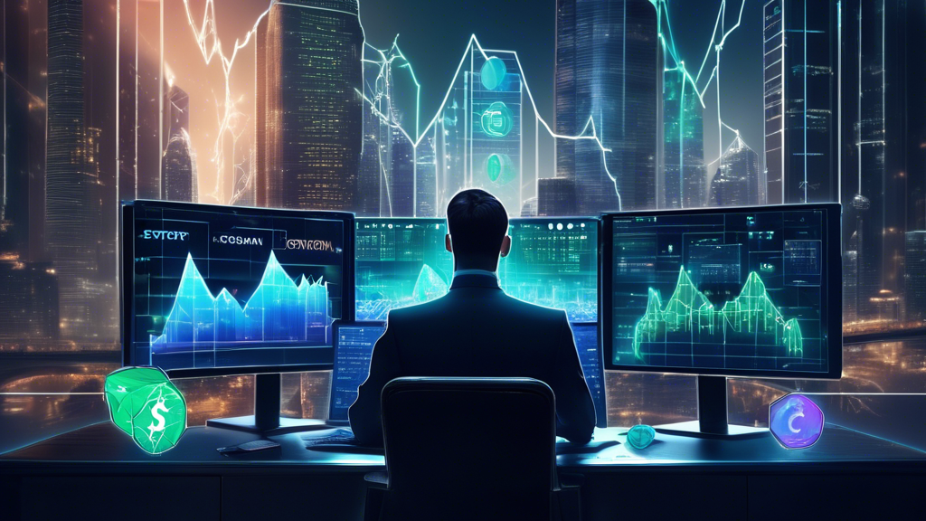 Create an image that visually represents the concept of maximizing crypto investments using StormGain. The scene should include futuristic cityscape elements with digital screens displaying cryptocurrency symbols like Bitcoin, Ethereum, and others. Include a sleek, modern office environment where professional traders are analyzing data charts on advanced holographic interfaces. Integrate the StormGain logo prominently in the background to emphasize the platform’s role in the investment process. The color scheme should be a blend of neon blues, greens, and bright accents to give a tech-focused and innovative feel.