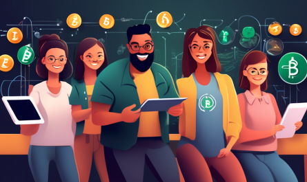 Create an illustration of a friendly, approachable classroom setting with a diverse group of beginner investors of different ages and backgrounds, each holding a digital device displaying the Coinberry logo. The instructor, pointing to a chalkboard, is explaining basic cryptocurrency investment concepts with charts and graphs. The atmosphere is inviting and educational, with a modern twist reflecting the digital aspect of the topic.