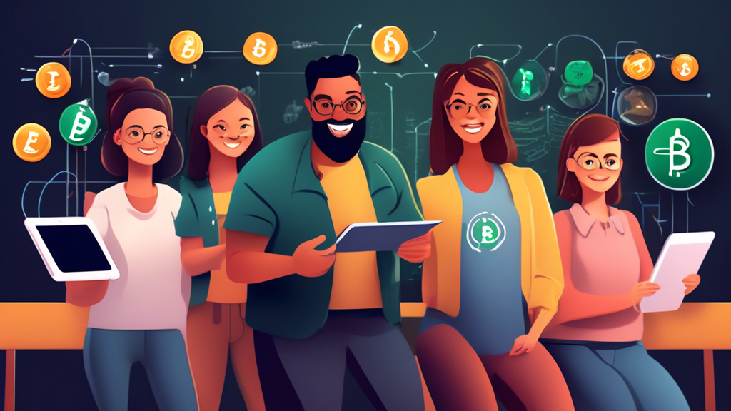 Create an illustration of a friendly, approachable classroom setting with a diverse group of beginner investors of different ages and backgrounds, each holding a digital device displaying the Coinberry logo. The instructor, pointing to a chalkboard, is explaining basic cryptocurrency investment concepts with charts and graphs. The atmosphere is inviting and educational, with a modern twist reflecting the digital aspect of the topic.