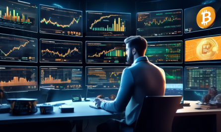 Create an image that illustrates the concept of successful cryptocurrency investment. The scene shows a futuristic and dynamic trading room filled with large digital screens displaying various cryptocurrency charts and graphs. In the center, a confident investor, surrounded by virtual coins like Bitcoin, Ethereum, and Ripple, is analyzing data with a focused expression. The investor's workstation includes a mix of traditional financial tools and cutting-edge technology, symbolizing the blend of classic wisdom and modern innovation in cryptocurrency investment. The room exudes an atmosphere of success, knowledge, and strategic thinking.